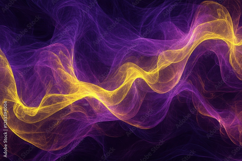 Poster Violet yellow glowing neon waves create an abstract mesmerizing background effect, Violet yellow glowing neon curved waves abstract motion background