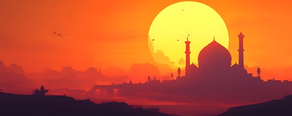 Silhouette of a city with large sun and orange sky