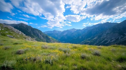 Fototapeta premium Breathtaking view of majestic mountains with vibrant wildflowers under a beautiful sky : Generative AI