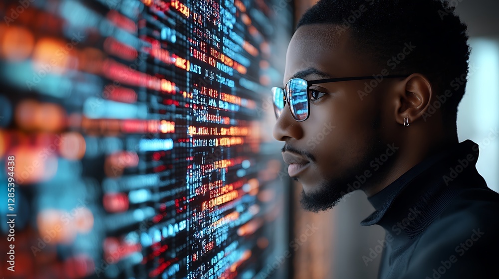Poster a man looking at data on a computer screen