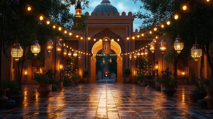 Fototapeta premium A mosque lit with lanterns, the call to prayer echoing through the air as people gather for Taraweeh prayers