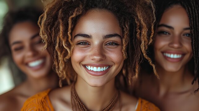 A smiling woman embraces two partners in a loving and happy polyamorous triad, demonstrating their commitment to each other