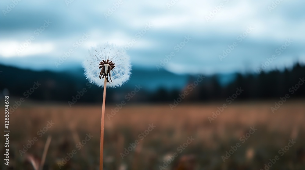 Aufkleber close-up of a dandelion seed head with blurred mountain background : generative ai