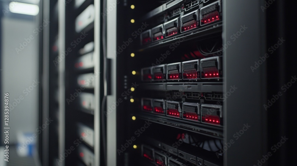 Poster inside a modern data center: server racks and technology