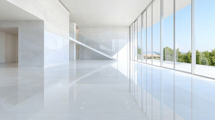 Modern building interior, spacious hall, scenic view, sunlight