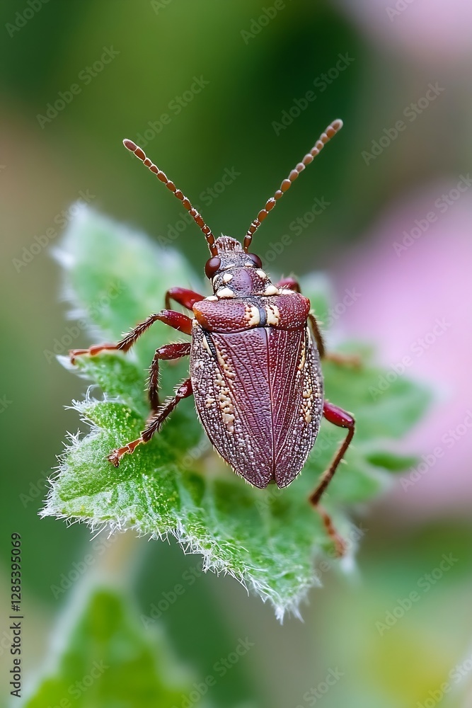 Poster close up of a stunning reddish beetle perched on a green leaf showcasing intricate details of its bo