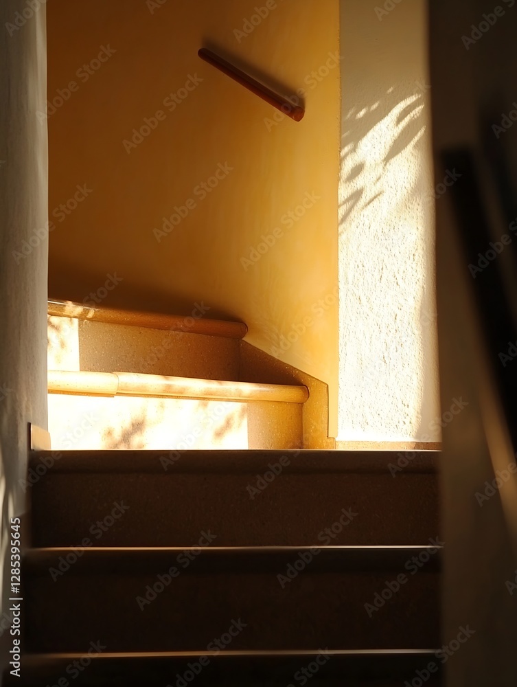 Poster warm staircase with natural light and soft shadows creating a cozy atmosphere : generative ai
