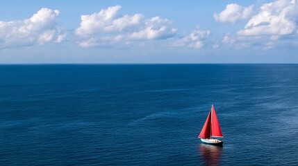 Sailboat with Red Sails on Calm Blue Ocean Under Scenic Cloudy Sky : Generative AI