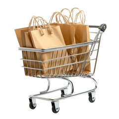 Isolated Chrome Shopping Cart Filled with Brown Paper Bags