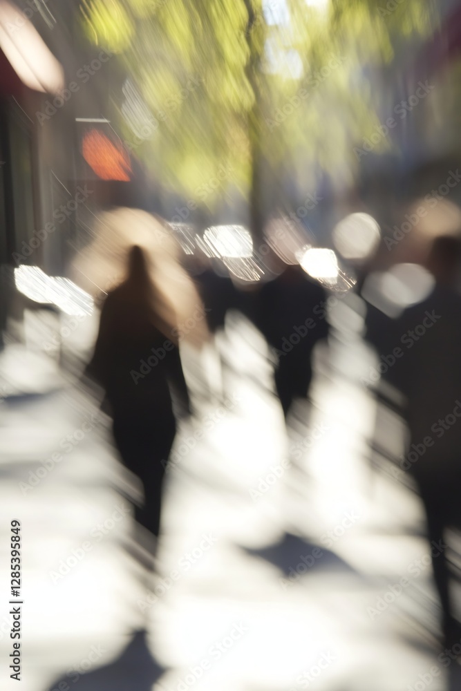 Poster blurred city street view with people walking under bright sunlight creating dynamic movement : gener