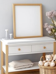 White wooden dresser with two drawers, a light wood frame mockup, a beige towel, and a wicker basket filled with teddy bears. Soft, natural lighting