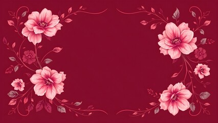 pink floral background, Delicate pink floral arrangement, deep red background, romantic botanical illustration, vintage flower border design, cherry blossoms, elegant feminine artwork