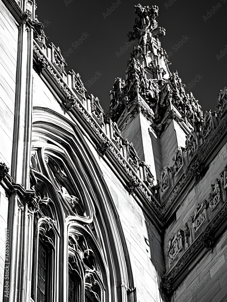 Aufkleber historic architecture with intricate stone carvings and detailed gothic windows against a dark backg