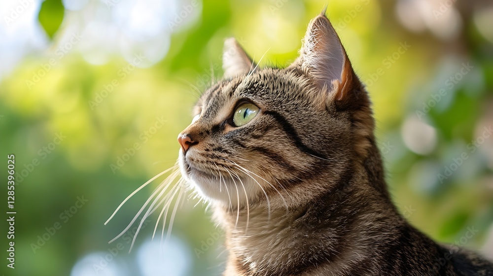 Poster Curious Tabby Cat Looking Thoughtfully with a Soft Focus Green Background and Natural Light : Generative AI