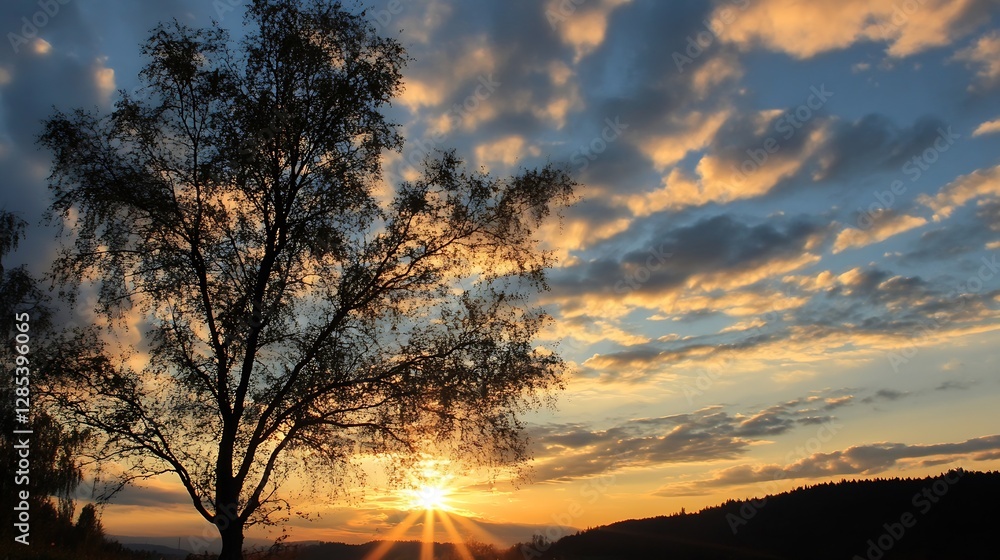 Poster majestic sunset behind a leafless tree surrounded by colorful clouds in a vivid sky : generative ai