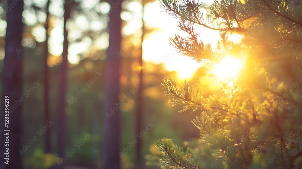 Aufkleber Stunning Sunset Through Tree Branches in Forest Setting Creating Warm Glowing Atmosphere : Generative AI