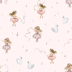 Watercolor seamless pattern with cute little ballerinas with ribbons and swans. Hand drawn illustration heart and notes or treble clef on isolated background. Background for girl textile with dancing © Ekatmart