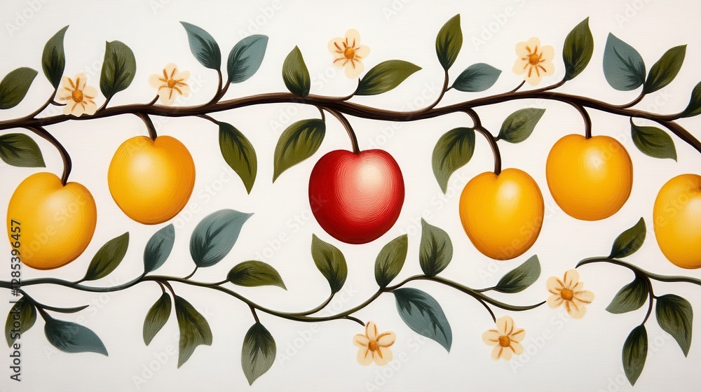 Poster Horizontal border pattern of yellow and red apples on a branch with green leaves and small white flowers on a white background. The style is simple
