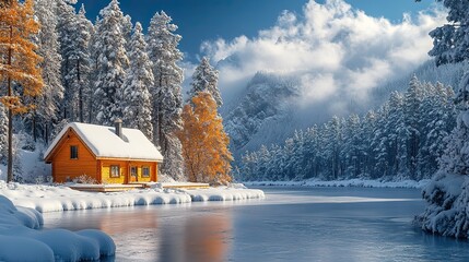 Fototapeta premium A snowy winter cabin stands in a serene forest landscape, surrounded by snow-covered trees and a frozen lake