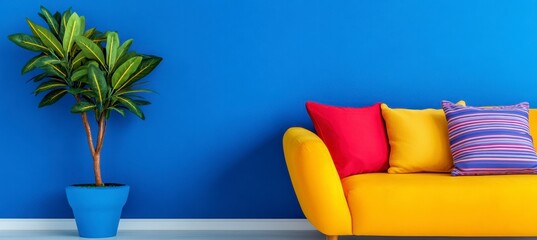 Vibrant yellow sofa with red and purple pillows against a bright blue wall, complemented by a green plant in a blue pot. Modern, minimalist interior
