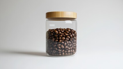 Coffee Beans in Jar: A clear glass jar, sealed with a wooden lid, is filled to the brim with rich, roasted coffee beans, inviting the viewer into the sensory experience of fresh aroma and taste.