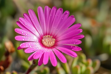 Obraz premium Dew drops glisten on a beautiful pink flower in a vibrant garden setting, dew drops on a pink flower, macro
