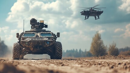 Fototapeta premium Military Vehicle and Drone in Tactical Operation