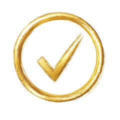 Isolated Rough Golden Check Mark in a Hand-Drawn Circle