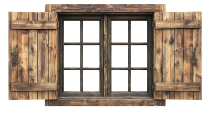 old wooden window with open shutters isolated on white background