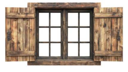 old wooden window with open shutters isolated on white background