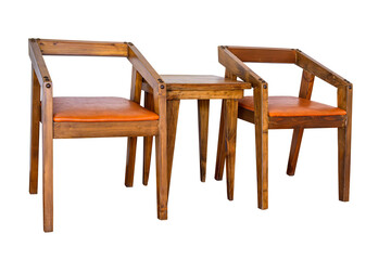 Vintage set of small wooden table and chair with leather cushion