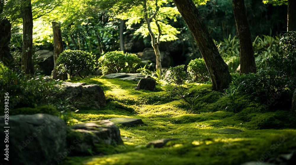 Poster serene lush green garden pathway surrounded by trees and moss in a tranquil nature scene : generativ
