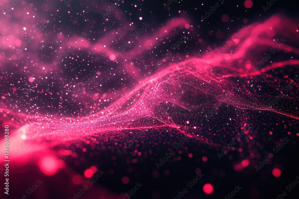 Poster exploration of defocused abstract particles with a vibrant pink hue in a dark environment, defocused