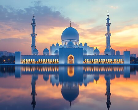 Beautiful mosque reflects on a lake during a sunset in the evening - Powered by Adobe
