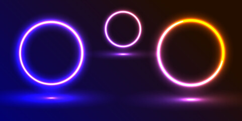 Neon frames with smoke and sparkles, gradient LED borders with fog and glowing particles.  Purple neon glowing circle on dark background, featuring a circle, rectangle, and vertical rectangle.