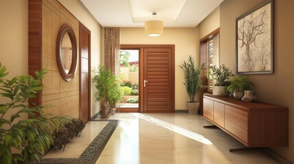 Modern Interior Showcasing a Stylish Wooden Furniture Arrangement in a Contemporary Living Space With Plants and Natural Light