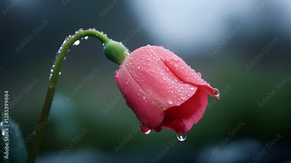 Poster Beautiful Pink Rose Covered in Dew Drops Against a Soft Blurry Background : Generative AI