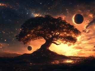 Obraz premium An ancient tree and two planets in a space setting