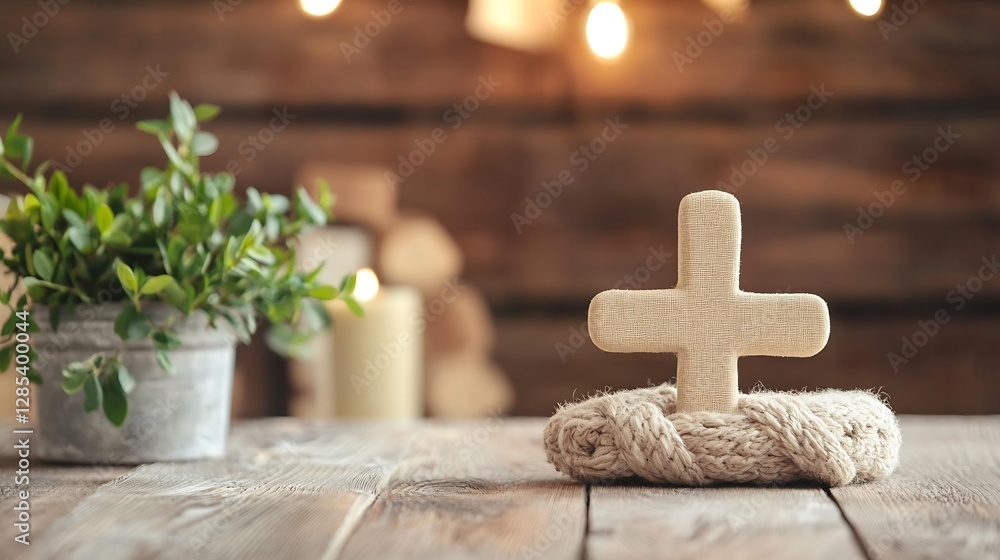 Poster rustic still life featuring a cross on a wooden table surrounded by plants and soft candlelight : ge