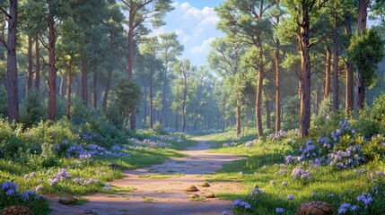 Walking Path Through Enchanted Forest with Wildflowers and Sunlight
