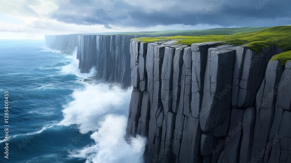 Poster a dramatic view of towering cliffs with massive waves crashing violently below.