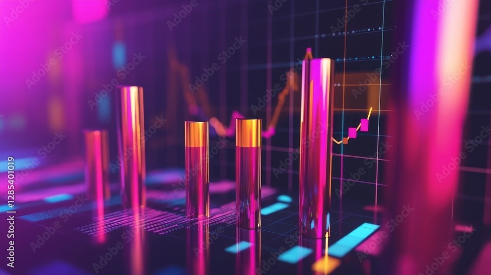 Poster a d bar chart with metallic, gradient bars rising from a financial graph, showing growth and progres