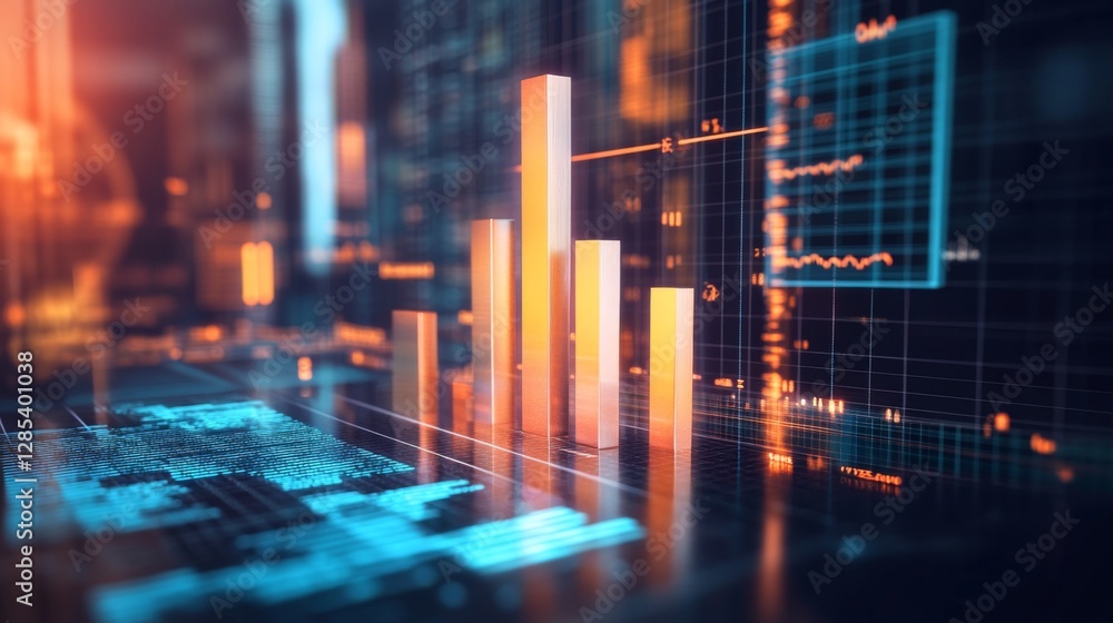 Aufkleber A D bar chart with metallic, gradient bars rising from a financial graph, showing growth and progress, with a modern digital interface in the background