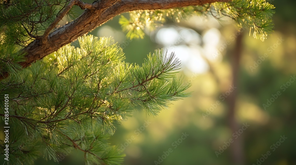 Poster Sunlit Pine Branches in a Lush Forest Creating a Serene Atmosphere : Generative AI