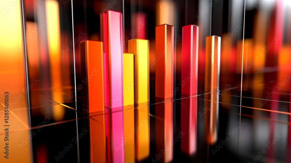 Poster a d bar graph with tall, glossy pillars in various colors rising from a reflective surface, symboliz