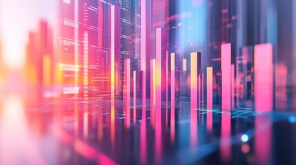 A D bar chart with metallic, gradient bars rising from a financial graph, showing growth and progress, with a modern digital interface in the background