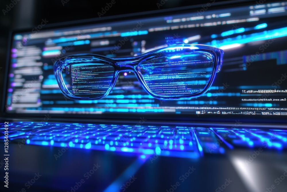 Poster a close-up of a pair of glasses resting on a laptop keyboard, with a screen displaying colorful code