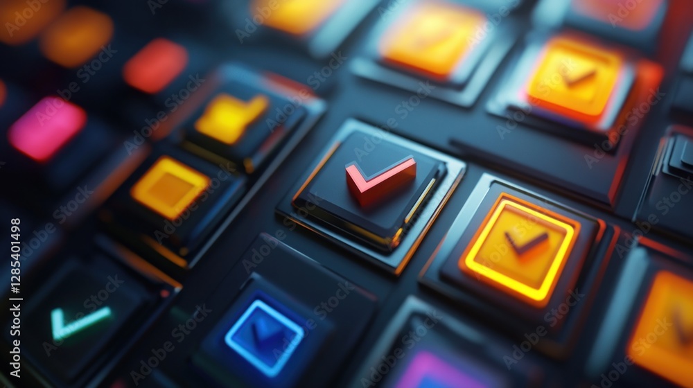 Poster Abstract Neon Checkmarks Interface Buttons: Digital Technology Concept