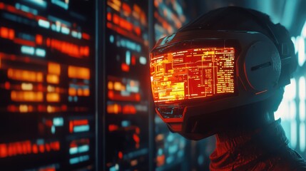 Person in futuristic helmet views data streams on server racks. Cyberpunk aesthetic.