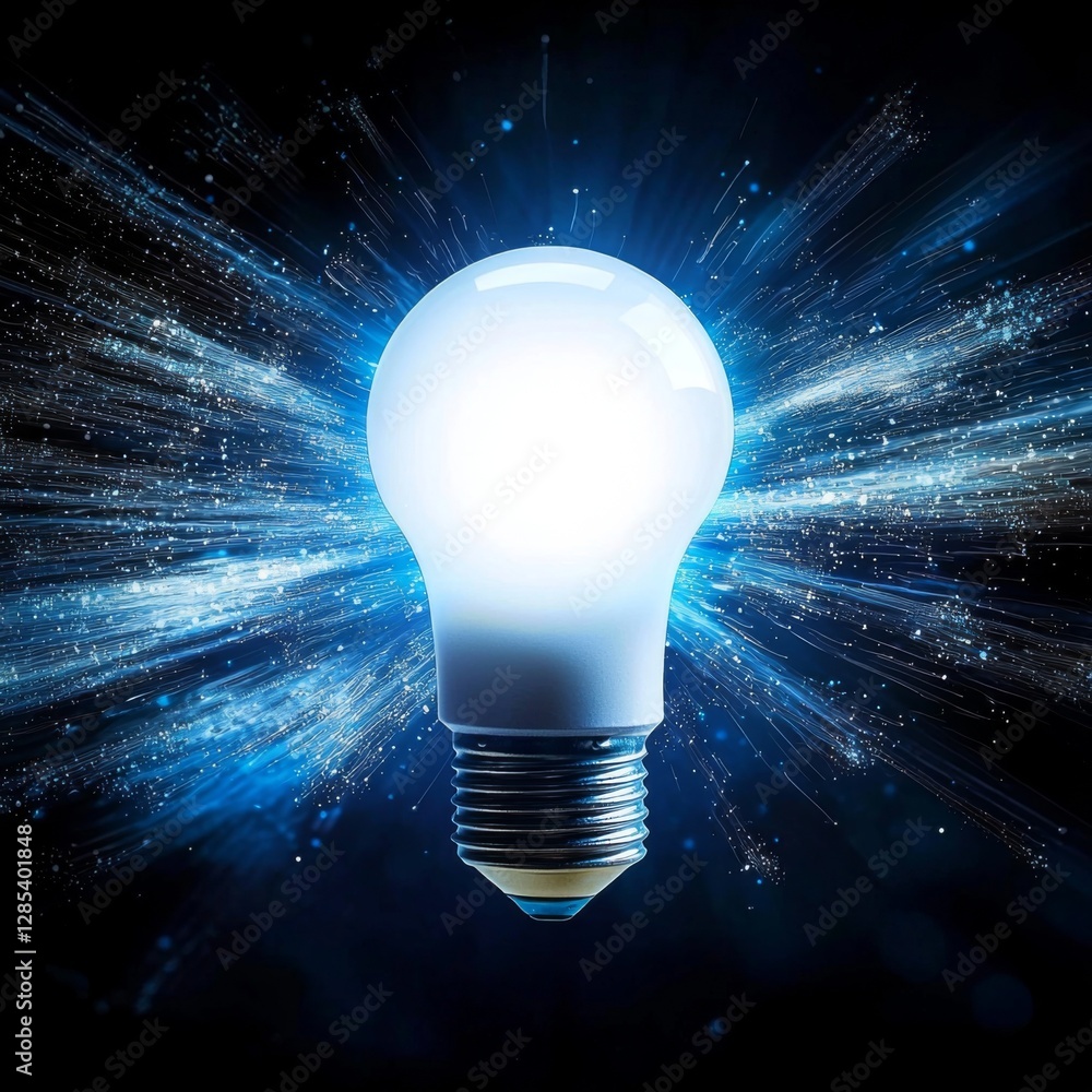 Poster a bright led light bulb surrounded by abstract light rays, emphasizing its energy efficiency
